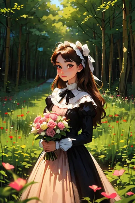 Young teenage woman long hair, brown color,  pink eyes, victorian dress in beige and pink,  with a bouquet of Flowers ,  in the woods, Surrounded by birds