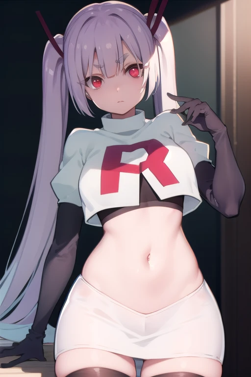 tsukuyoinaba, tsukuyo inaba, long hair, hair ornament, twintails, very long hair, purple hair, thick eyebrows, (red eyes:1.5),
BREAK team rocket,team rocket uniform,white skirt,red letter R,crop top,black thigh-highs,black elbow gloves,
BREAK looking at vi...