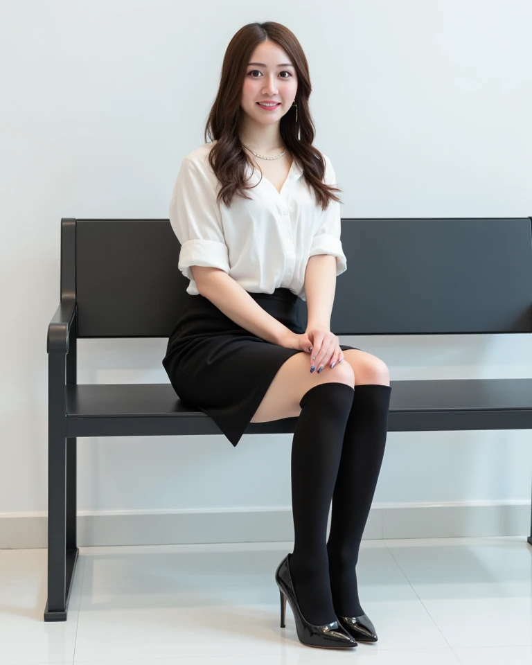 (     photorealism   :1.2)、 full body portrait 、Smelling black high  socks 。   beautiful日本人モデル、39;   thick legs、  woman  、39;   Office worker uniform    、   black high heels   、smile、Bench on the White Floor 、  Open your legs a little 。 super realistic thi...