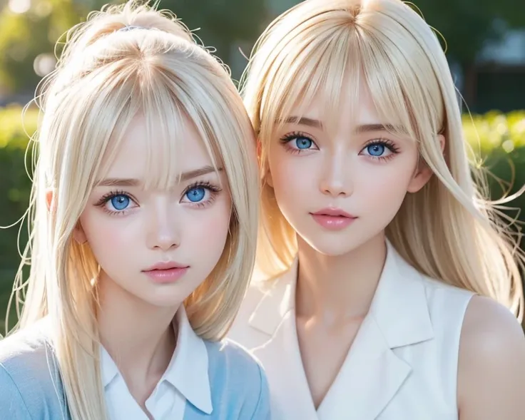 One Extraordinary White Beautiful Girl、 pink school uniform、blonde ponytail、Young, moisturized, white and shiny skin、The most perfect and beautiful young look、Blonde hair reflects light、Very beautiful platinum blonde hair shines brightly、 shiny bright hair...