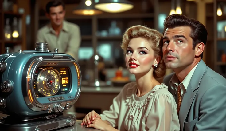 a promotional photo of a retrofuturistic atomic clock radio and a 1950s family, with a man wearing a 1950s suit and pompadour hair and a wife in a loose dress and 1950s outfit, hair sprayed with hair, and a  with short pompadour hair and a collared shirt, ...