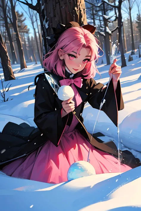 Young Albina,  pink eyes, black and pink Victorian dress, with snow magic, woman creating an ice sphere,  in a forest  