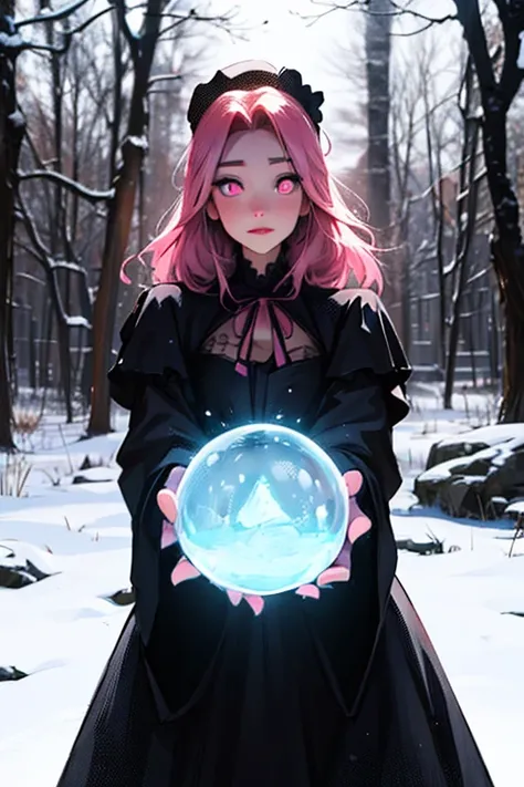 Young Albina,  pink eyes, black and pink Victorian dress, with snow magic, woman creating an ice sphere,  in a forest  