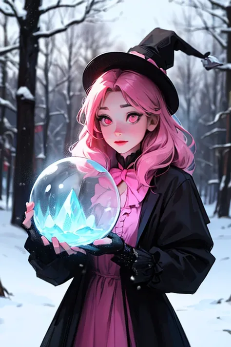 Young Albina,  pink eyes, black and pink Victorian dress, with snow magic, woman creating an ice sphere,  in a forest  