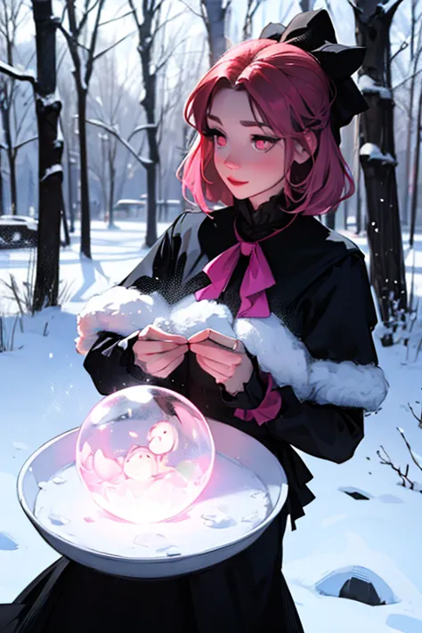 Young Albina,  pink eyes, black and pink Victorian dress, with snow magic, woman creating an ice sphere,  in a forest  