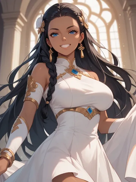 Anime queen on here thrown ,she have blue eyes ,dark skin ,long black hair,in a white dress Masterpiece, Award Winning, Long Hair, Very Long Hair, Braid, Large breasts, Closed Mouth, Grin, POV, Jewelry, Hair Ornament, Lens Flare, Minimalism, 