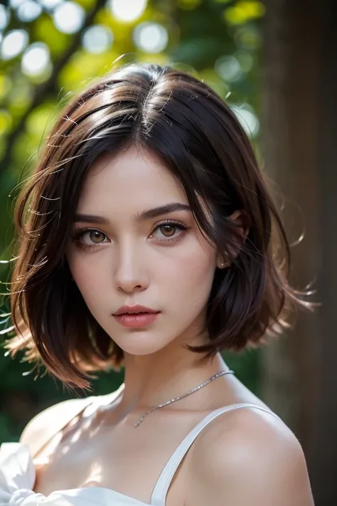 high quality, HD , realistic photo, photography, beautiful girl,Portraits,Half-length portrait, front view , half of a werewolf's upper body , short hair,Brunette,milky white skin