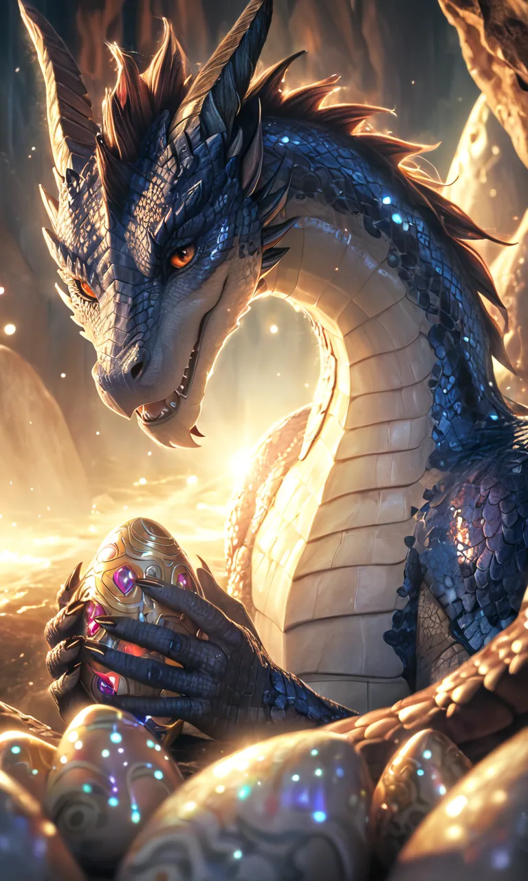 A dragon egg, beautiful detailed scales, glowing gem-like colors, intricate patterns, ethereal lighting, dramatic shadows, cinematic composition, photorealistic, 8k, high quality, masterpiece, digital art