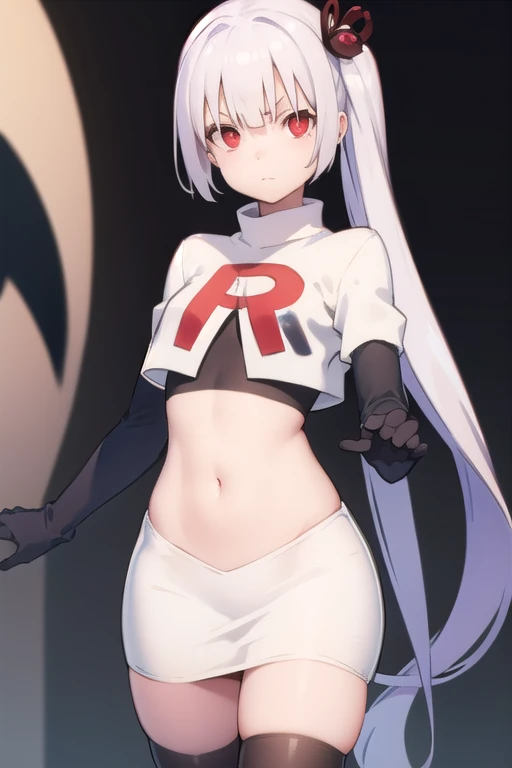 tsukuyoinaba, tsukuyo inaba, long hair, hair ornament, twintails, very long hair, purple hair, thick eyebrows, (red eyes:1.5),
BREAK team rocket,team rocket uniform,white skirt,red letter R,crop top,black thigh-highs,black elbow gloves,
BREAK looking at vi...