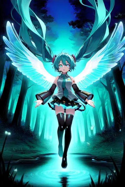 1 girl, vocaloid , Hatsune Miku,turquoise long twin tails,beautiful blue, clear, transparent eyes,miniskirt, tie,headphone sleeveless, black arm cover , black long boots,in a fantastic night in the forest,Clear, clear, beautiful water,Blue glowing butterfl...