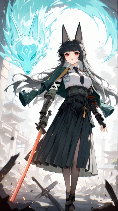 (hsmyb, fox ears, red eyes, white pupils, bright pupils, black hair, long hair, blunt bangs, sidelocks, half up braid, medium breasts, green jacket, chest strap, id card, collared shirt, white shirt, black necktie, arm strap, high-waist skirt, black skirt,...