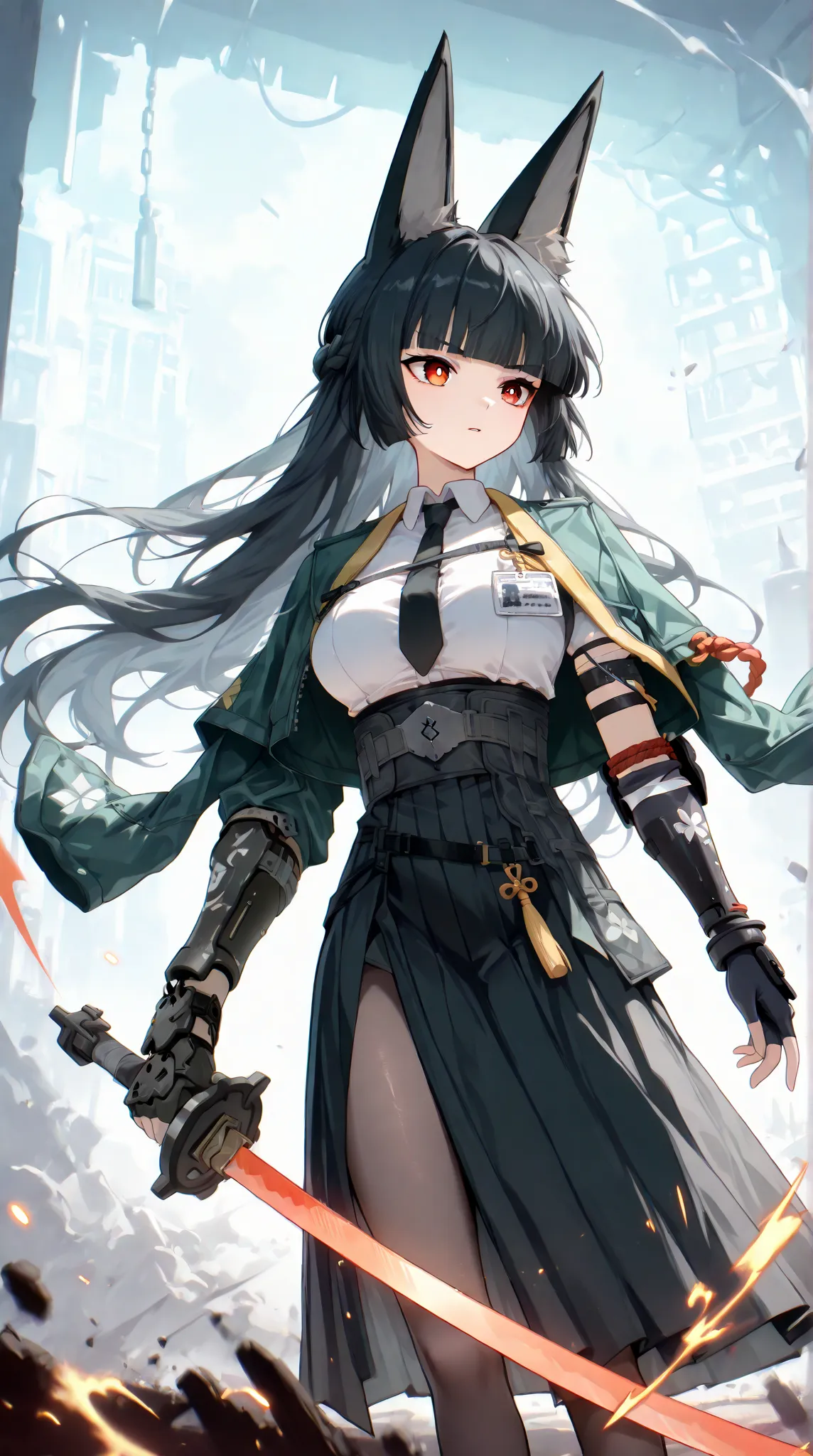 (hsmyb, fox ears, red eyes, white pupils, bright pupils, black hair, long hair, blunt bangs, sidelocks, half up braid, medium breasts, green jacket, chest strap, id card, collared shirt, white shirt, black necktie, arm strap, high-waist skirt, black skirt,...