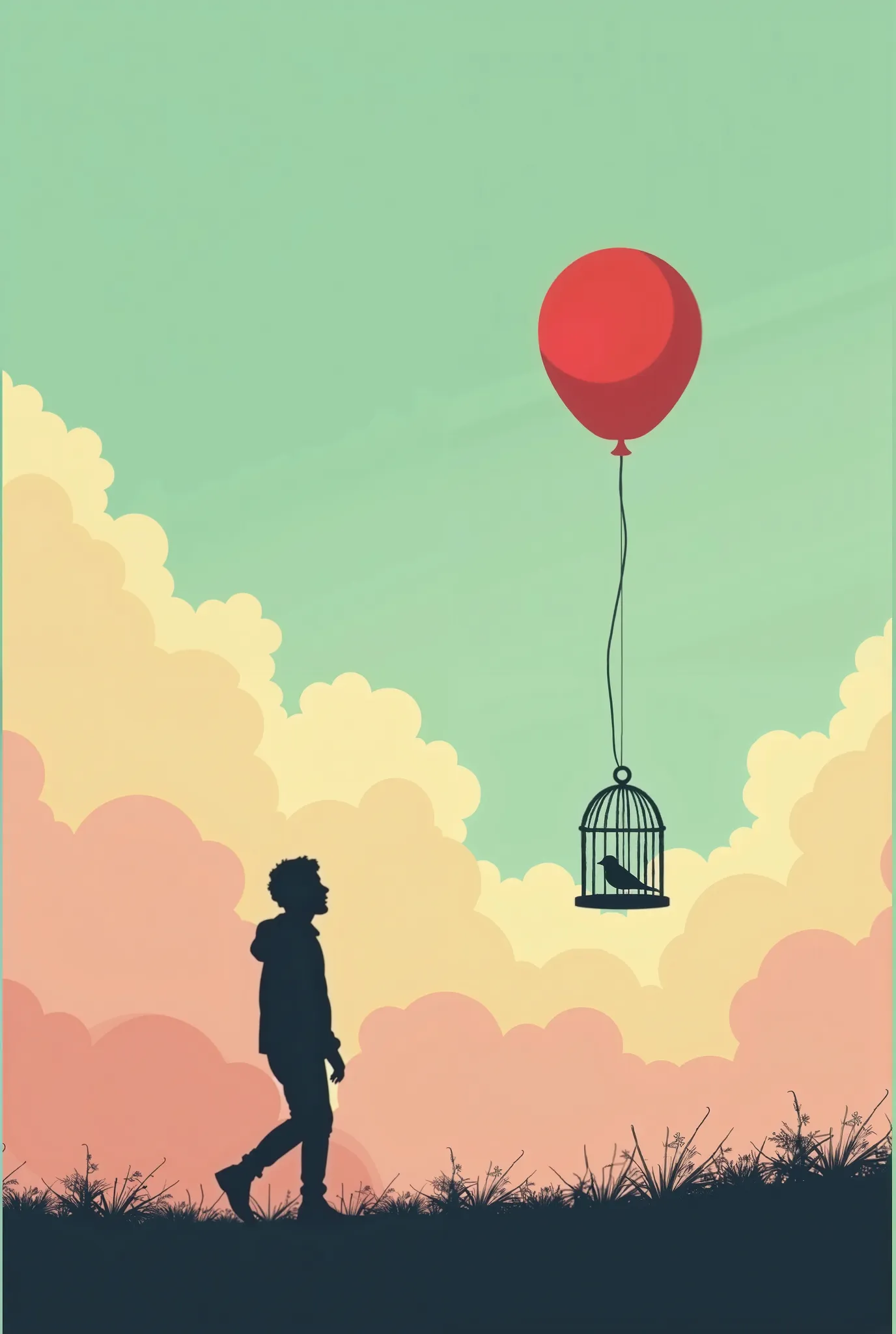 A silhouette of a person walking away from a birdcage, holding a string attached to a single red balloon, against a pastel sky with clouds, minimalist style, vector illustration