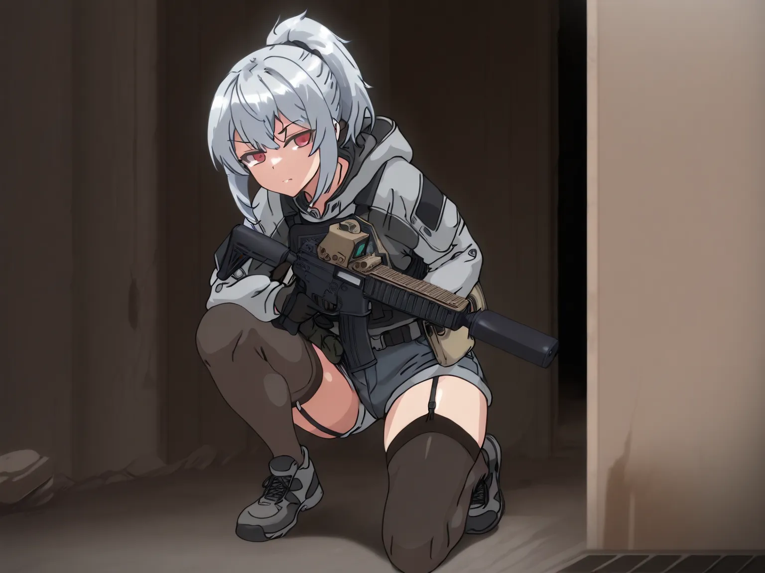 and a fleshy, glamorous figure。 with short silver hair tied in a ponytail with a navy hair band 、 red eyes。Has an impatient expression。equipped with black tactical armor over a gray hooded jacket、grey denim shorts over thigh length stockings with a black g...