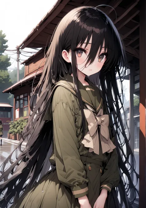 Shana, long hair,brown eyes, Alone, black hair, stupid hair, school uniform, serafuku, green serafuku, bow tie, green bow tie, green shirt, green sailor collar, Long Sleeve, green skirt, button, Long Sleeve, black thigh high socks,loafers,rain, clou...