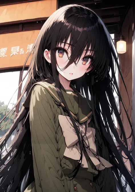 Shana, long hair,brown eyes, Alone, black hair, stupid hair, school uniform, serafuku, green serafuku, bow tie, green bow tie, green shirt, green sailor collar, Long Sleeve, green skirt, button, Long Sleeve, black thigh high socks,loafers,rain, clou...