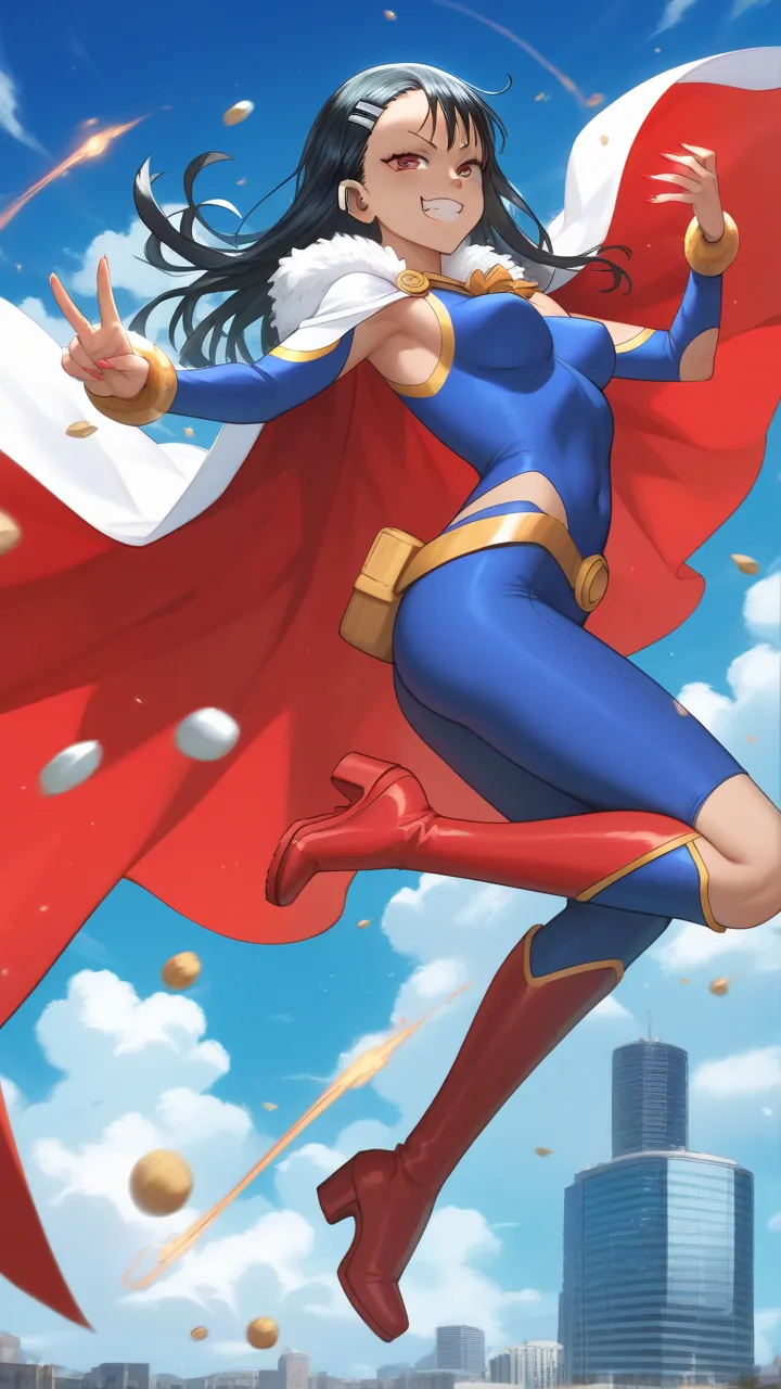 A dynamic and energetic scene, where Hayatoro Nagatoro She is dressed as Supergirl, wearing the iconic blue and red costume with the 'S' symbol on the chest, flowing red cape and high boots. Your black hair is loose, with a red bow fastening a wick, and sh...