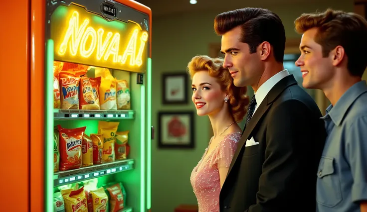 a promotional photo of a neon orange and green snack vending machine labeled "NOVA.AI" and a 1950s family, with a man wearing a 1950s suit and pompadour hair and a wife wearing a flowing dress and 1950s clothing, hair sprayed, and a with short pompadour h...