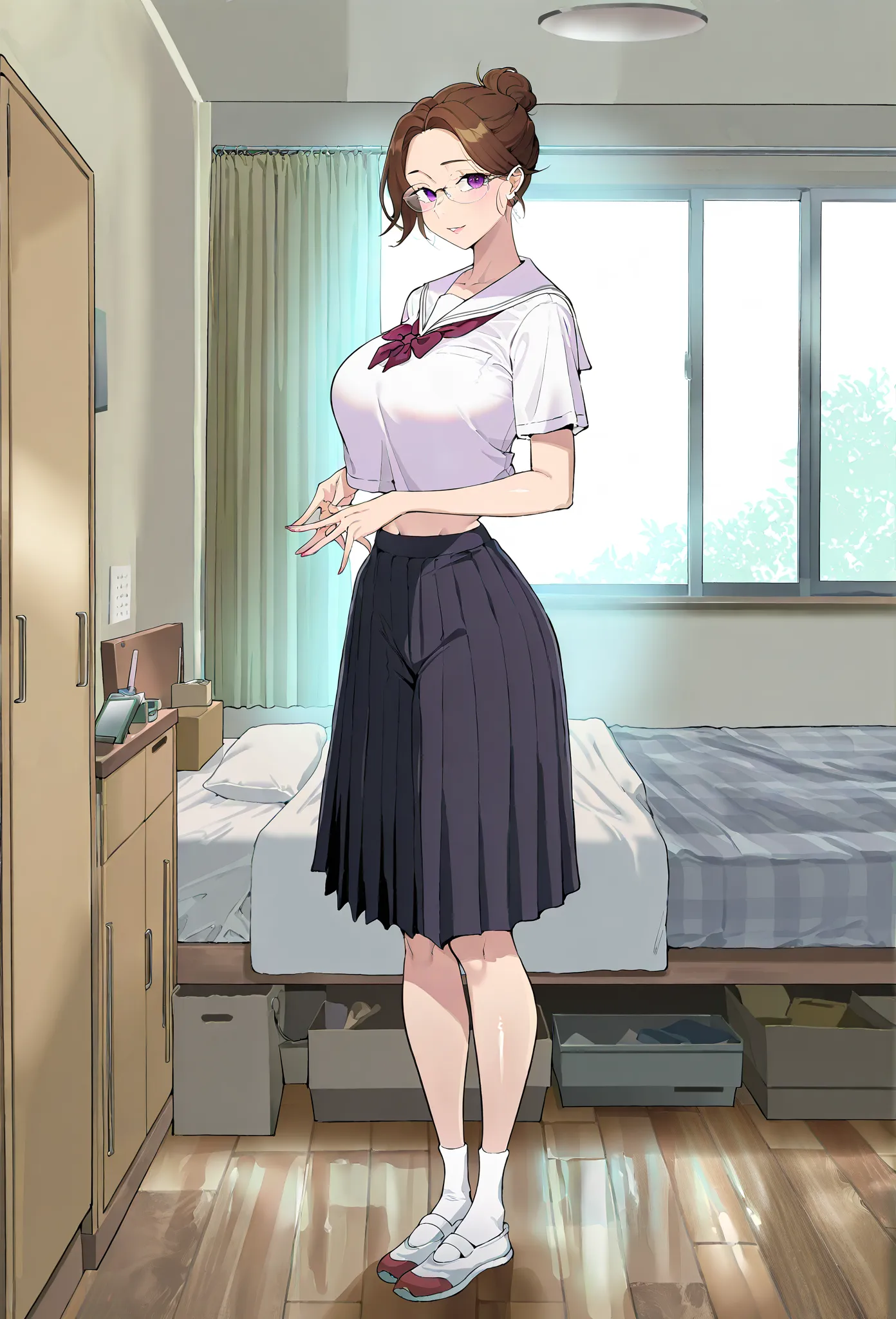 masterpiece, best quality, amazing quality, very aesthetic, absurdres, newest, scenery, 1girl, (solo:1.1), normal breasts,brown hair, mature female, purple eyes, short hair, single hair bun, (thick eyebrows:0.7), Japanese School Uniform top, Pink Short, mi...