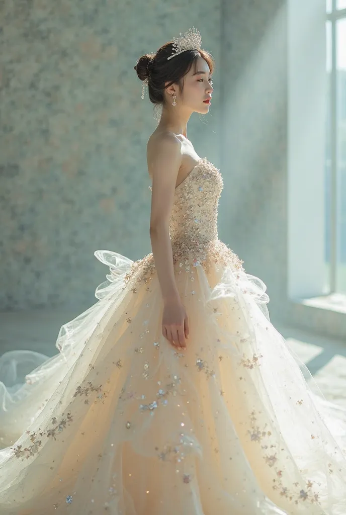 Create an image for panel wear, a Korean model wearing a fashionable sparkling princess frock like swan with small crown