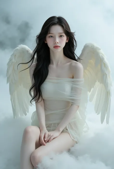 Realistic like a photo, full body, pretty female late , big wide eyes, naked, thin cotton cover body, thin bang, black hair, very long hair, pale white skin, small lips, master piece, photorealistic, amazingly detailed face, big wing like bird,maximum reso...