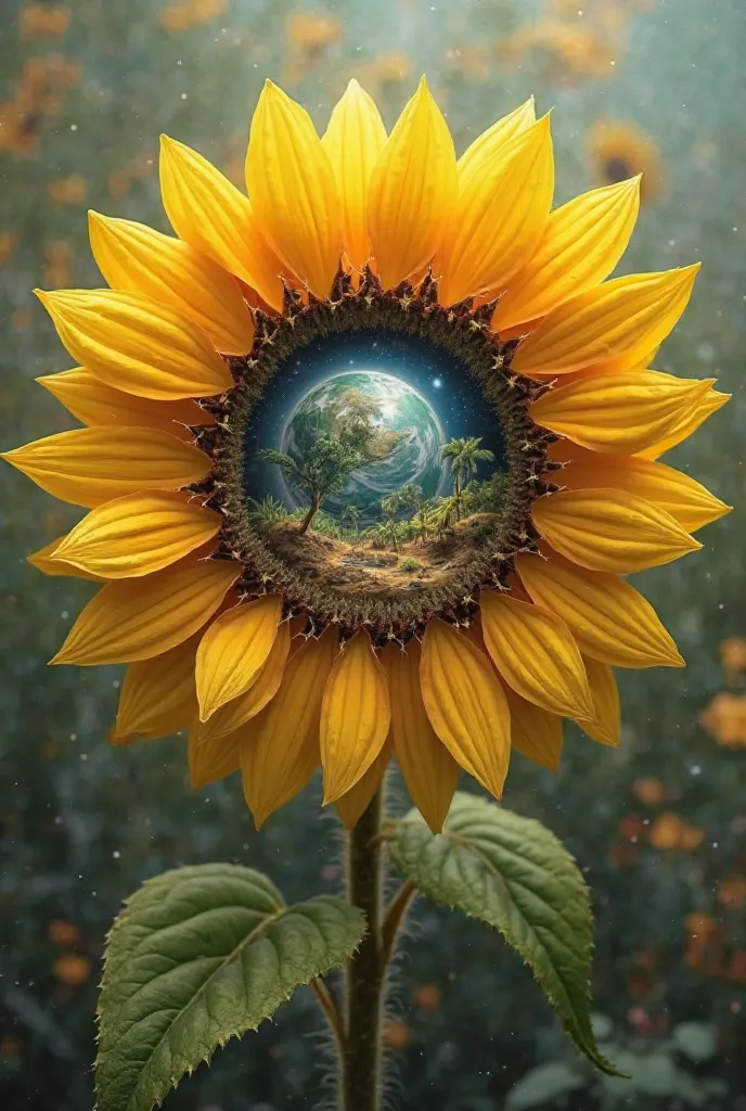 Create an image of a sunflower opened in half with the planet inside