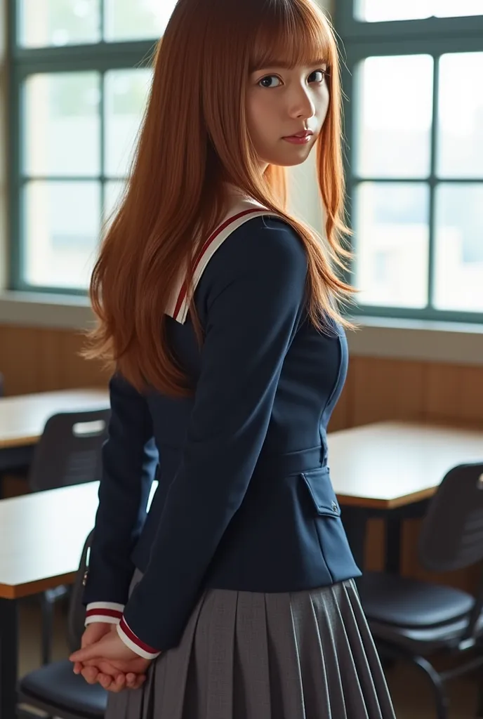 high res pictures,8k, masterpiece,TOP QUALITY,  detailed description , photorealistic, intricate details,   natural light,1 girl, Long-haired Asuka in uniform  ,( standing hand in hand on the school desk , look back, turn around, Twisted Torso ,  ass focus...