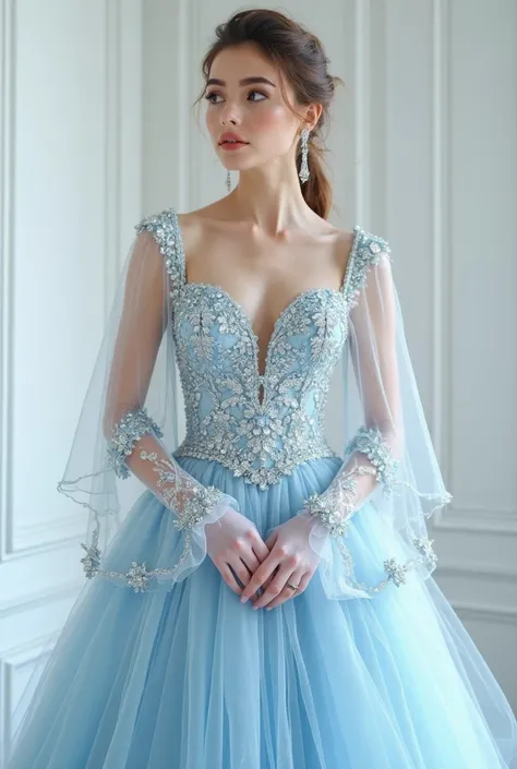 a young woman wearing a long light blue dress, all embroidered with sparkling crystals, transparent sleeves and tulle gloves. Diamond jewelry and makeup in cool tones, with silver shadows and nude lipstick. with white scenery , so you can see the entire co...