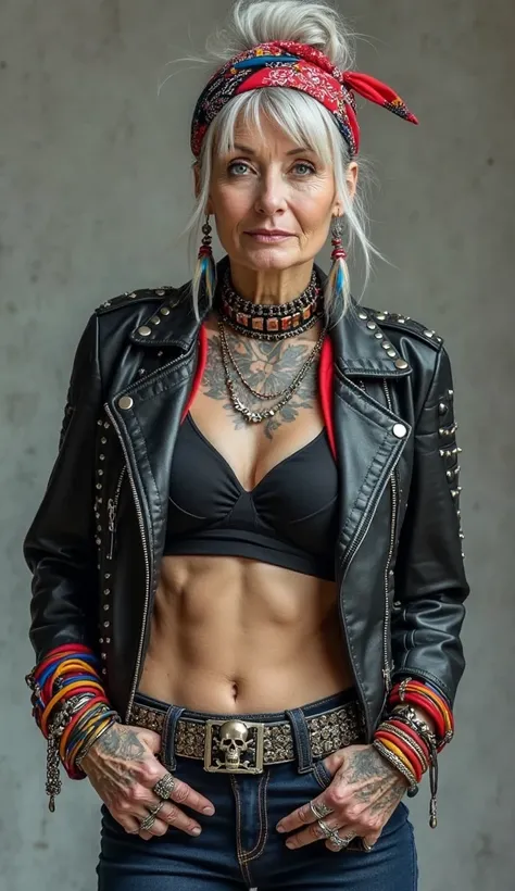 russian old milf woman, grey hair (top bun, middle part) and wide colourful bandana as headband, with very light blue eyes, extremely pale. Wearing studded cropped black moto jacket with lots of zippers and pins, black push up bra with red lining , dark sk...