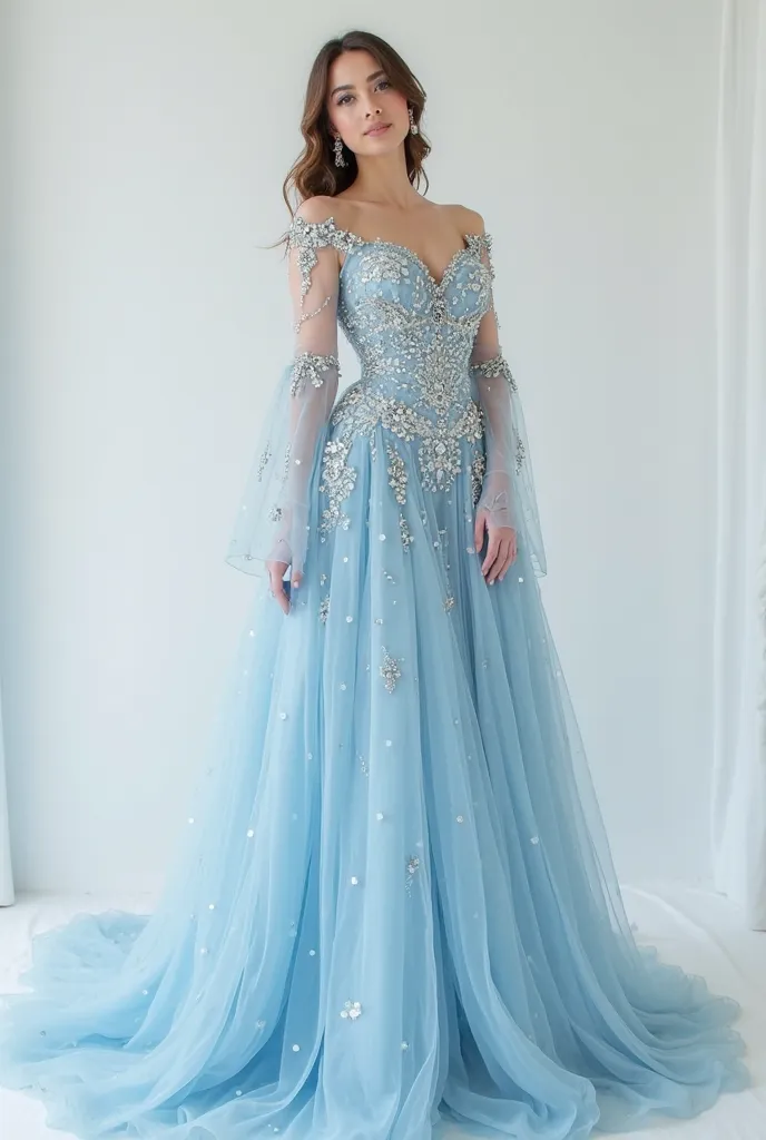 a young woman wearing a long light blue dress, all embroidered with sparkling crystals, transparent sleeves and tulle gloves. Diamond jewelry and makeup in cool tones, with silver shadows and nude lipstick. with white scenery , so you can see the entire co...