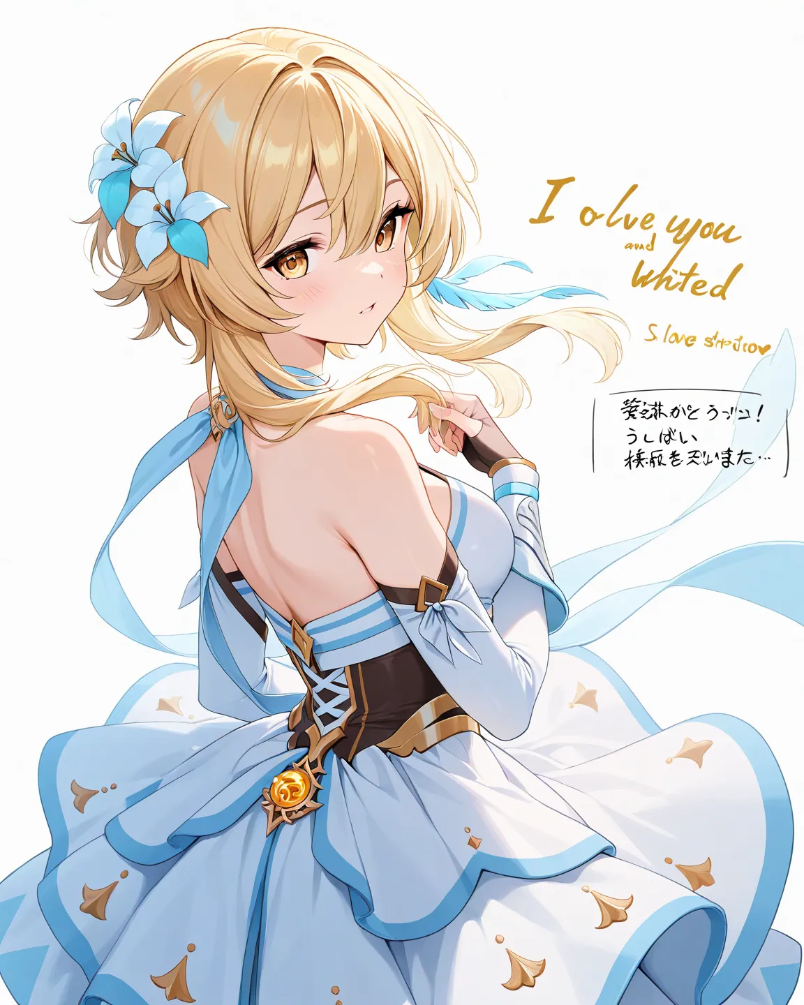  Lumine dressed in blonde hair with golden eyes 
Genshin Impact holding a white board with the text"
I LOVE YOU " and showing it to the spectator blond haired boy Aether