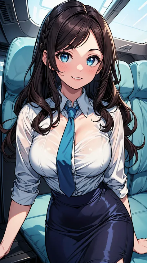 ((masterpiece, best quality:1.3, high detail)), ((1girl)), (((beautiful woman))), (flight attendant), bright eyes, light smile, (long wavy hair), (dark hair), hairpin, (white collar shirt, blue tie), (blue pencil (skirt)), medium skirt, slim body, (lower b...