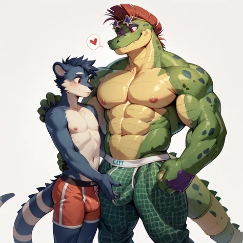 2 male Montgomery Gator. A male young 16 y.o. furry Montgomery Gator, Young boy body anatomy.He wears boxers.  Standing next to his muscular furry Montgomery Gator. Bulge size difference. Touching bulge seductively. Height difference 