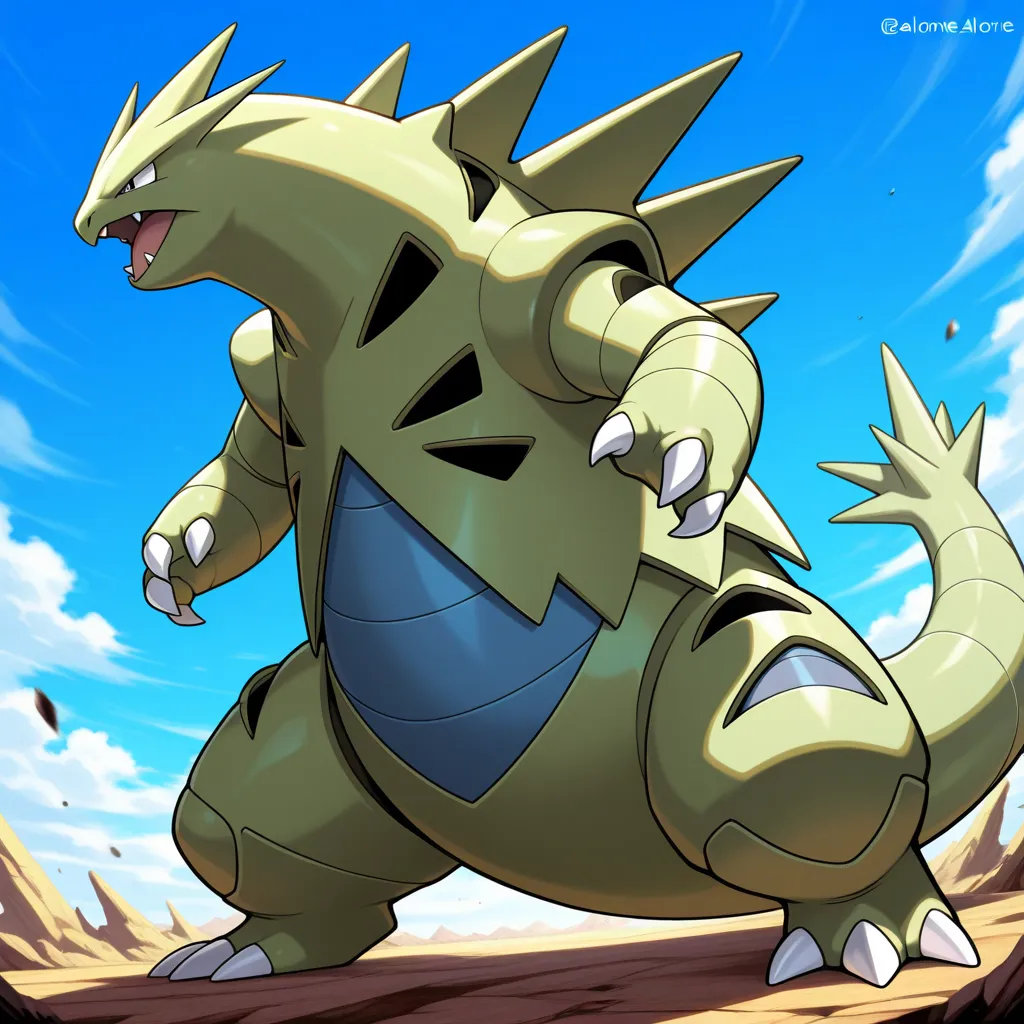  masterpiece, best quality,   tyranitar, without humans,  alone, ,  sky, blue  sky, claws,  imposing pose  