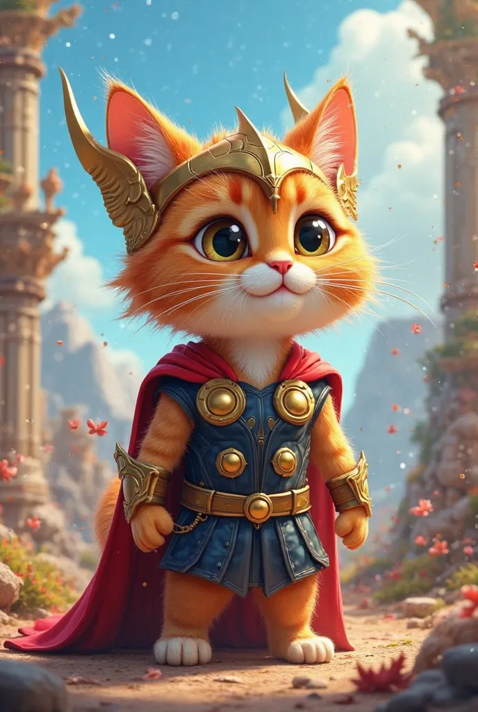 Create a animated cat she wearing Thor dress 