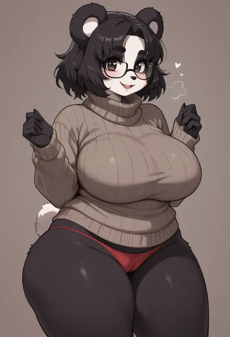 Thick nerdy panda girl, 1girl, masterpiece, best quality, 8k, high resolution, anthro, furry, glasses, gamer girl, cameltoe, large breasts, thick thighs, chubby, sweater and panties