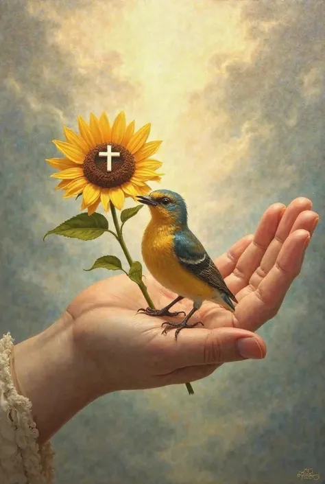 Create a painting of a little bird with a small sunflower with a cross in its beak in the hand of God 