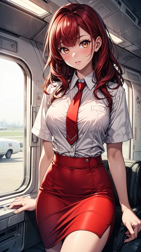 ((masterpiece, best quality:1.3, high detail)), ((1girl)), (((beautiful woman))), (flight attendant), bright eyes, (long wavy hair), (dark red hair), hairpin, (white collar shirt, vest, red tie), (red pencil (skirt)), medium skirt, slim body, (lower body),...