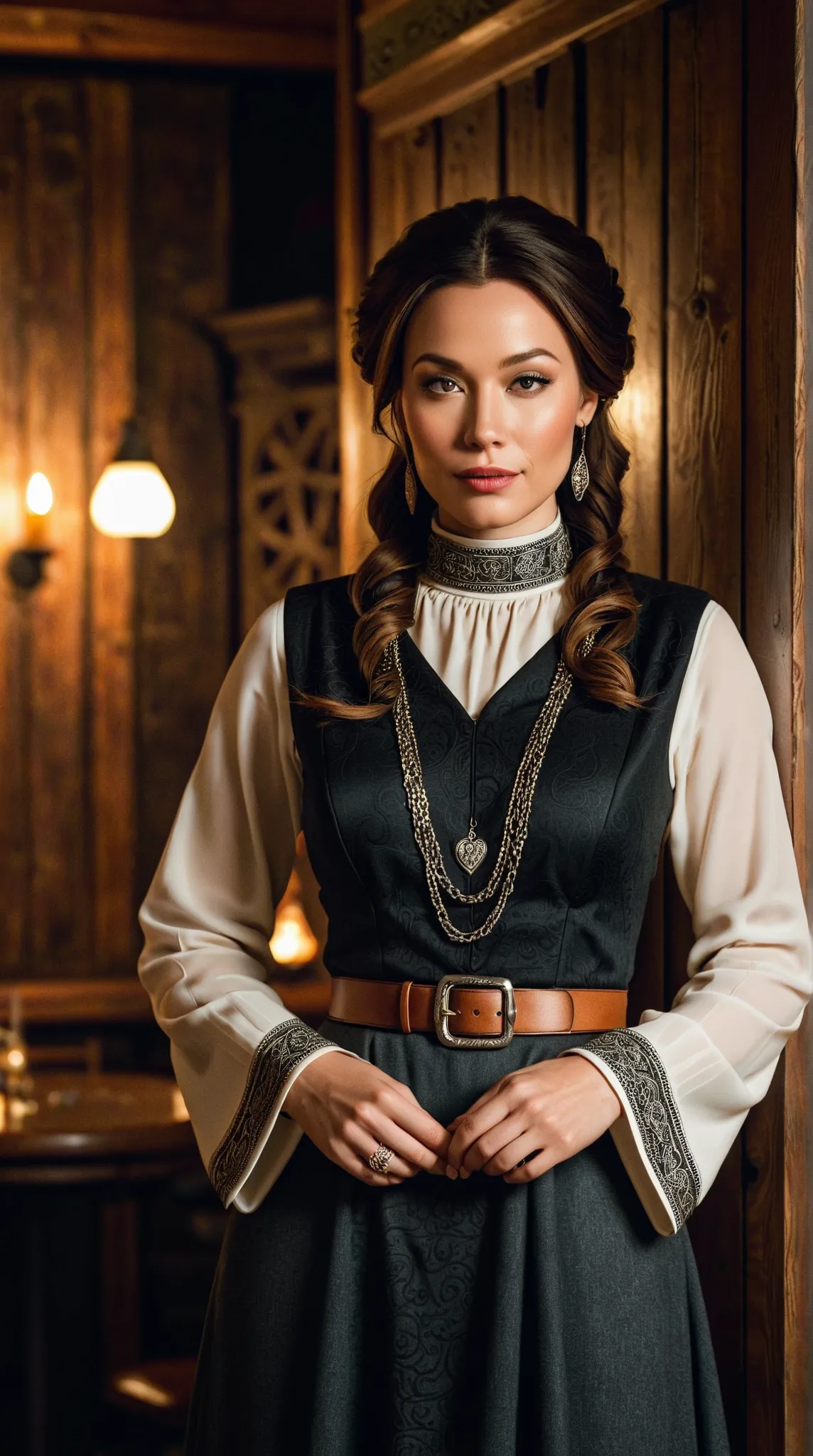 A singer in a cozy saloon, dressed in modest ethnic Celtic attire. The outfit is elegant yet simple, with a high-neck design that covers the chest completely, reflecting traditional Celtic style with intricate details. The soft lighting highlights her face...