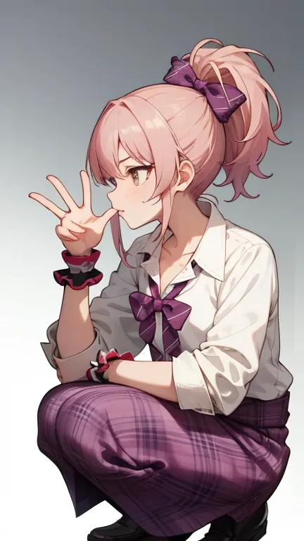 masterpiece, best quality, highres,(portrait), aamika, ponytail, hair bow, collarbone, bowtie, collared shirt, white shirt, sleeves rolled up, wrist scrunchie,clothes around waist, plaid skirt, purple skirt,BREAK,front,Squatting,spread regs,peace sign,side...