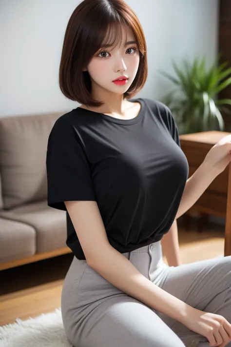 ( beautiful girl),(TOP QUALITY),(black shot bob hair),(Clear facial details),(very large breasts),sit upright in a large black t-shirt and black cotton pants and look here、Wooden living room,(Bulge in the chest)