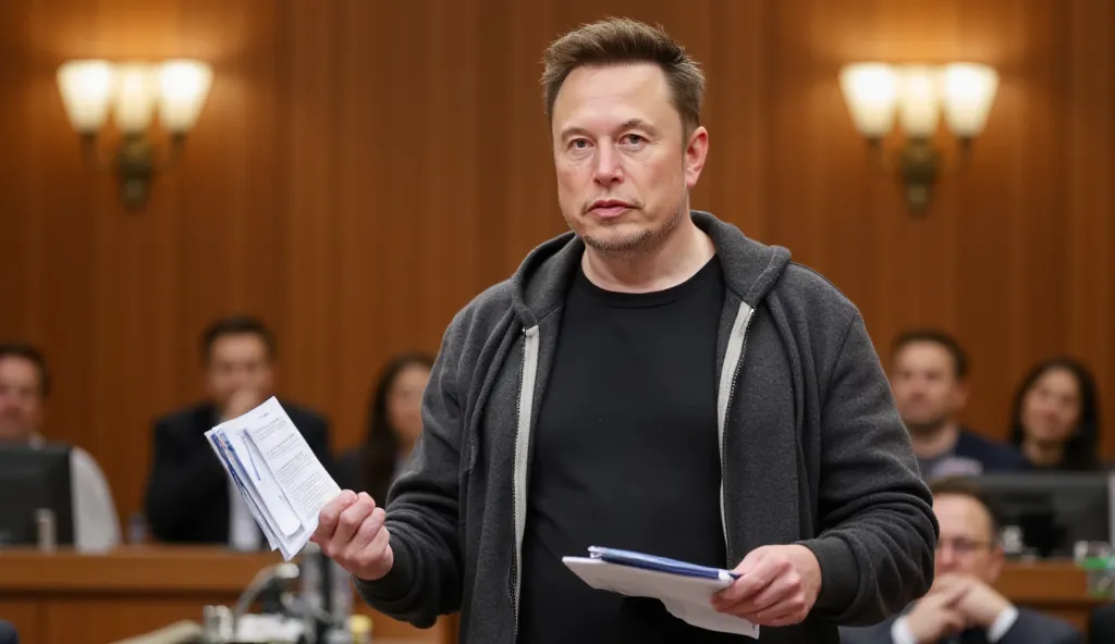 in a courtroom scene featuring Elon Musk standing in the foreground and speaking, holding legal files. He is wearing a casual outfit consisting of a black t-shirt and a gray hoodie. In the background is the judge laughing and wood-paneled courtroom with a ...