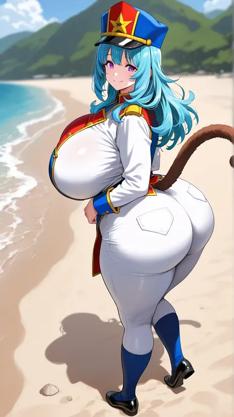 HyperSag, huge breasts, giant breasts, big areolas,maken-ki,aki nijou,huge breasts,blue hair,mature female,long hair,purple eyes,big breasts,(huge ass, wide waist, wide hips),(monkey tail, goku_cosplay),looking at viewer,(thick thighs),(full body, standing...