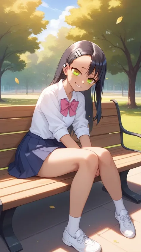 .Hayase Nagatoro sitting on a park bench at dusk,  with the sky painted in shades of orange ,  pink and purple . She is wearing her school uniform,  but his posture is curved ,  and your hands are intertwined in your lap , lightly holding a wilted flower. ...