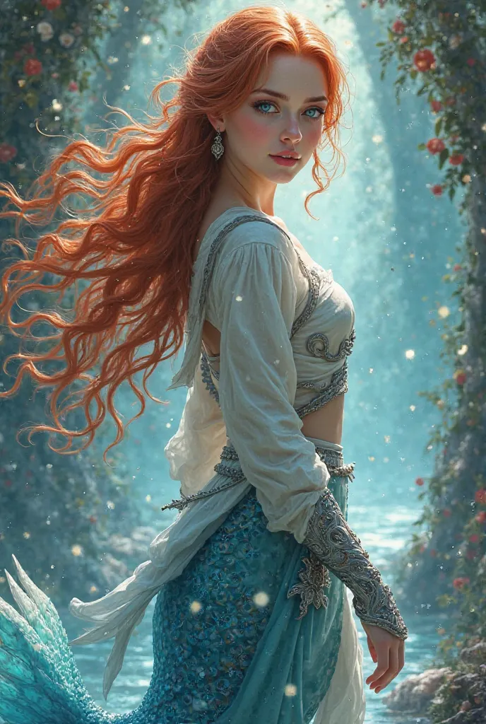  Girl with white skin pearl, Clear blue eyes red hair, beautiful, light armor, d&d 5e, Sweetness , mermaid, She is a monk, The tail is blue