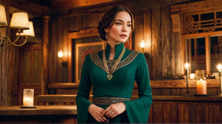 A singer in a cozy saloon, dressed in modest ethnic Celtic attire. The outfit is elegant yet simple, with a high-neck design that covers the chest completely, reflecting traditional Celtic style with intricate details. The soft lighting highlights her face...