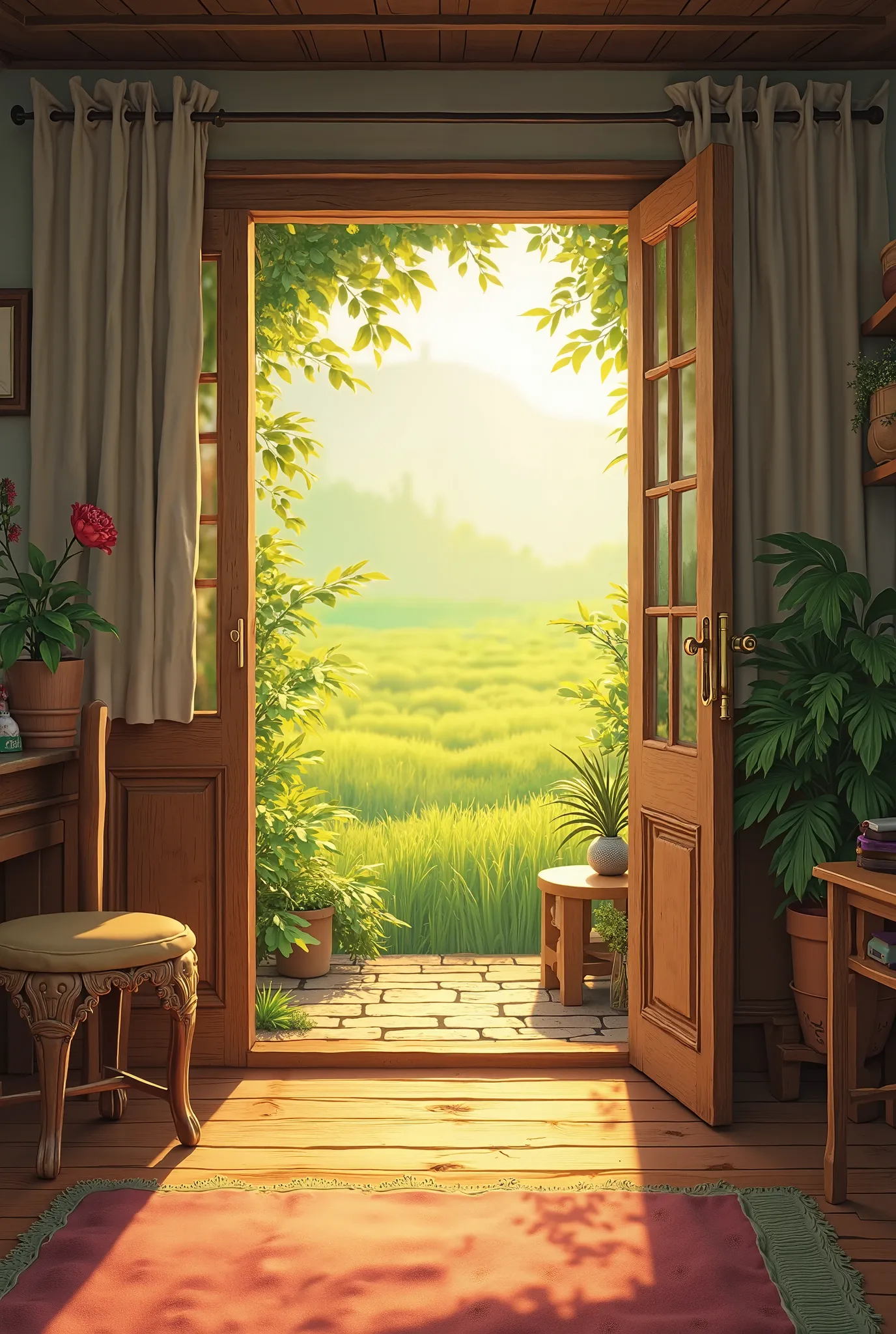 Create a room of a house with the door open with the background showing a green field in the late afternoon