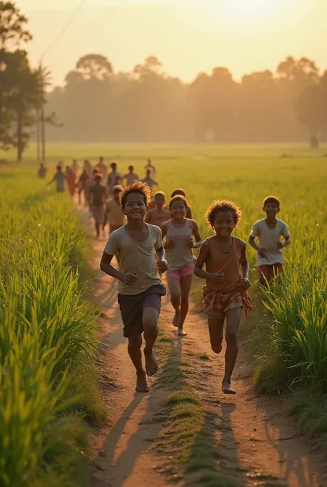 Morning Scene – Running on Paths
A group of village s, barefoot, running along narrow dirt paths surrounded by lush green fields. The early morning sun casts a golden glow, and dew glistens on the grass. Some s laugh and chase each other, while others admi...