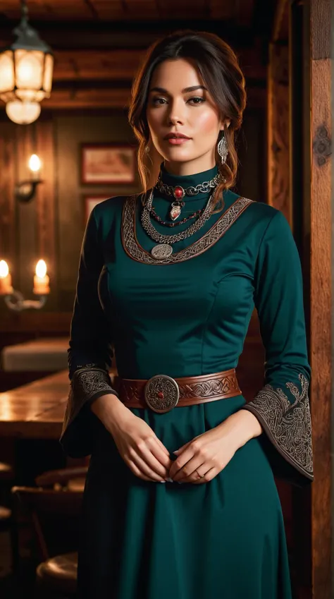 A singer in a cozy saloon, dressed in modest ethnic Celtic attire. The outfit is elegant yet simple, with a high-neck design that covers the chest completely, reflecting traditional Celtic style with intricate details. The soft lighting highlights her face...