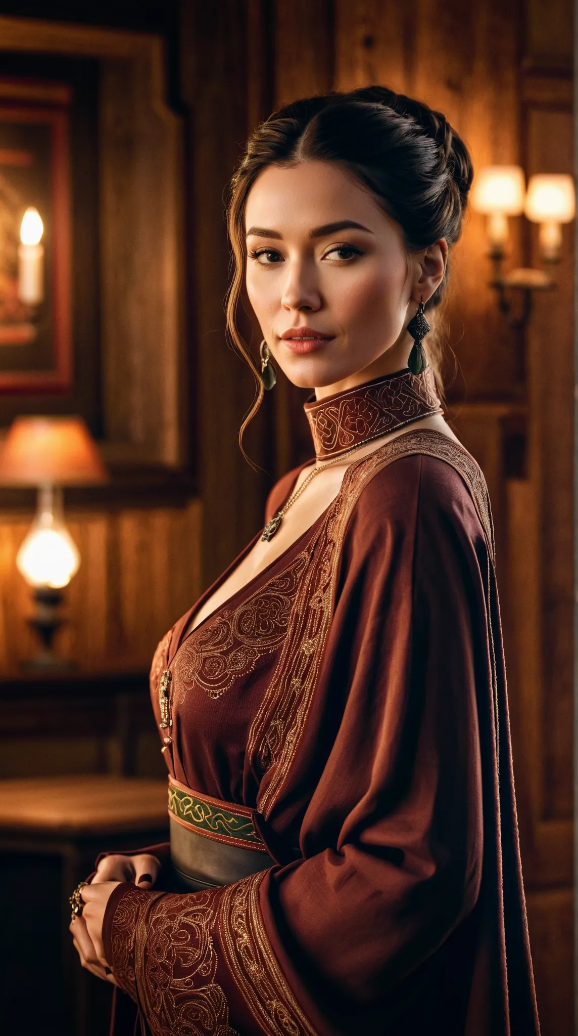 A singer in a cozy saloon, dressed in modest ethnic Celtic attire. The outfit is elegant yet simple, with a high-neck design that covers the chest completely, reflecting traditional Celtic style with intricate details. The soft lighting highlights her face...